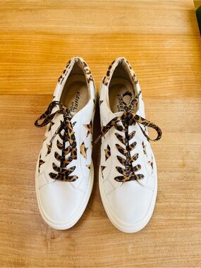 Vaneli Yolen White Nappa Leather Sneakers with Leopard Star Cutouts - Women’s 9